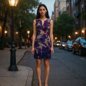 Adrianna Papell Dress Women's Size 4 Amethyst Watercolor Floral Shutter Pleat